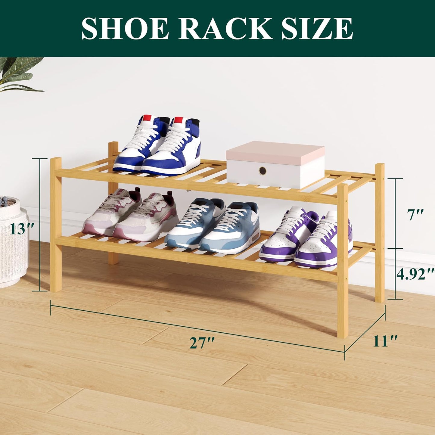 Smiry Bamboo Shoe Rack for Closet, 3 Tier Wooden Shoe Organizer, Stackable Wood Shoe Storage Shelf for Entryway, 14 Vertical Slats, One-piece Heavy-Duty Legs, 26.77"x11.02"x18.31", Natural
