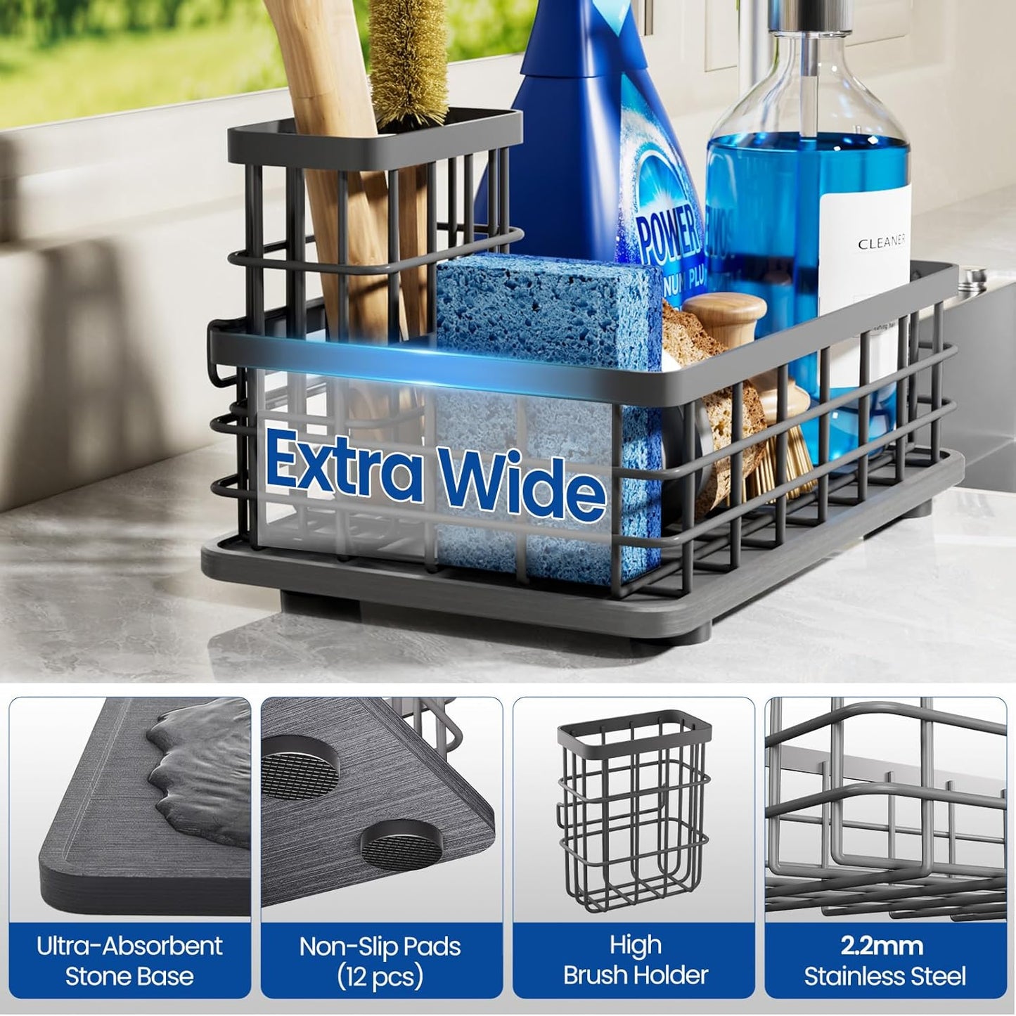 Extra Large Kitchen Sink Caddy Organizer, Stainless Steel Sponge Holder for Kitchen Sink with Brush Holder, Diatomite Stone Sink Tray for Soap Dispenser, Sponge, Kitchen Essentials and Gadgets, Black
