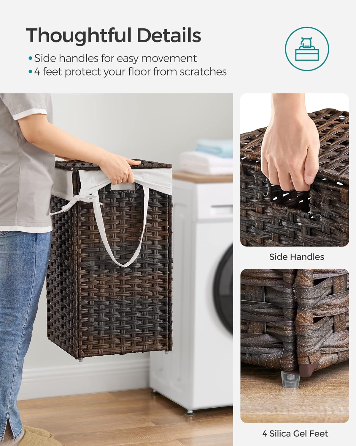 SONGMICS Laundry Hamper with Lid, 23.8 Gallon (90 L) Synthetic Rattan Clothes Laundry Basket with Lid and Handles, Foldable, Removable Liner, Chestnut Brown ULCB051K02