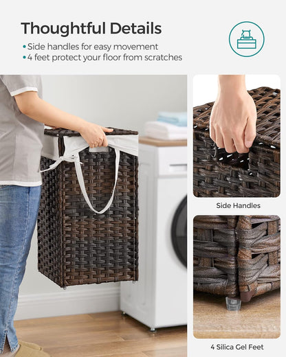 SONGMICS Laundry Hamper with Lid, 23.8 Gallon (90 L) Synthetic Rattan Clothes Laundry Basket with Lid and Handles, Foldable, Removable Liner, Chestnut Brown ULCB051K02