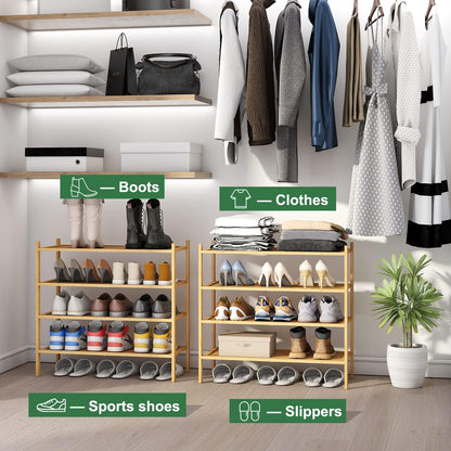 kiplant Small Shoe Rack, 4-Tier Bamboo Wood Shoe Rack for Entryway, Stackable Shoe Organizer for Hallway Closet, Free Standing Shoe Racks for Indoor & Outdoor