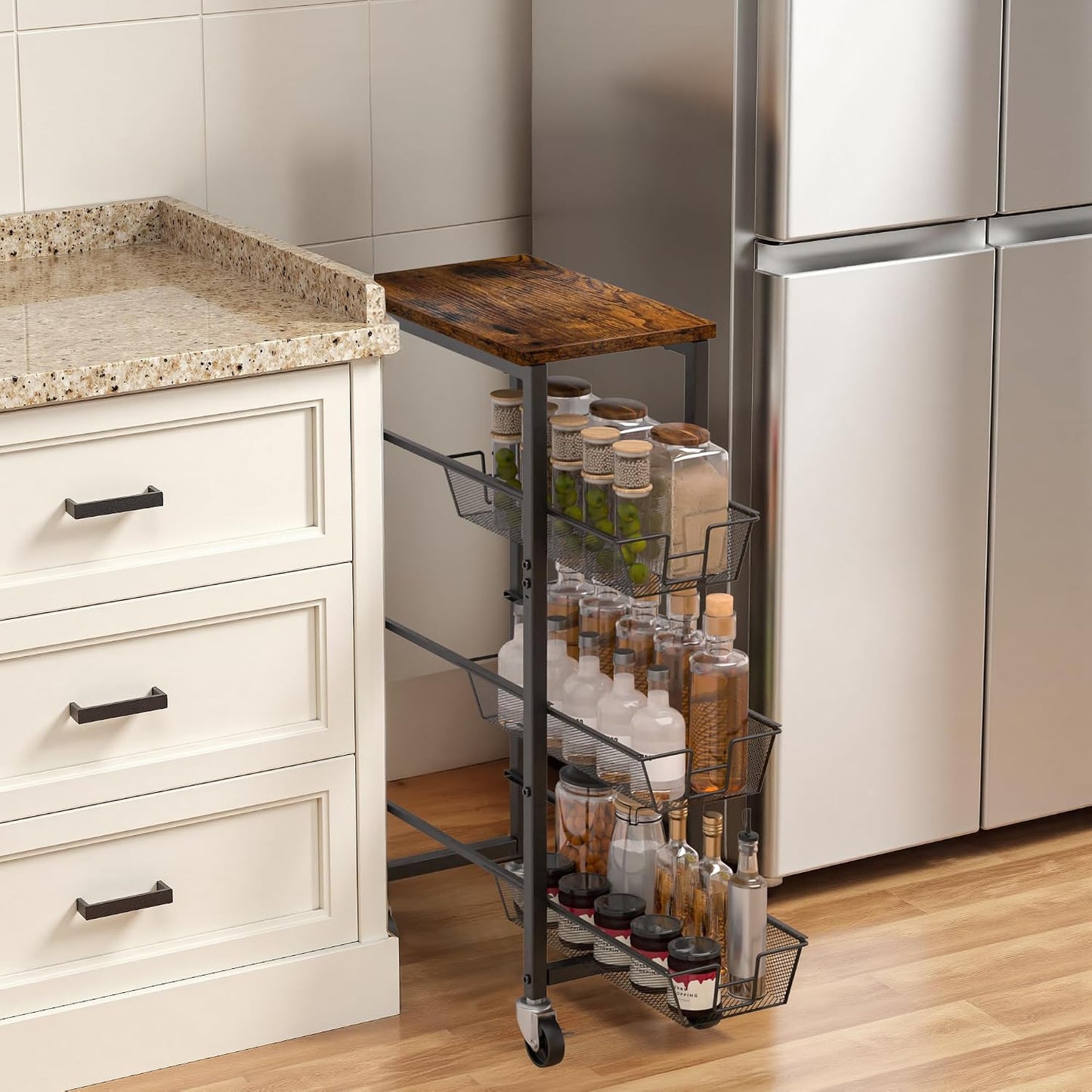 Honest Slim Storage Cart 4-Tier Slim Rolling Cart with Metal Frame and Wooden Top, 6.3 Inches, Storage Cart for Kitchen, Dining Room, Living Room, Bathroom, Home Office, Rustic Brown and Black