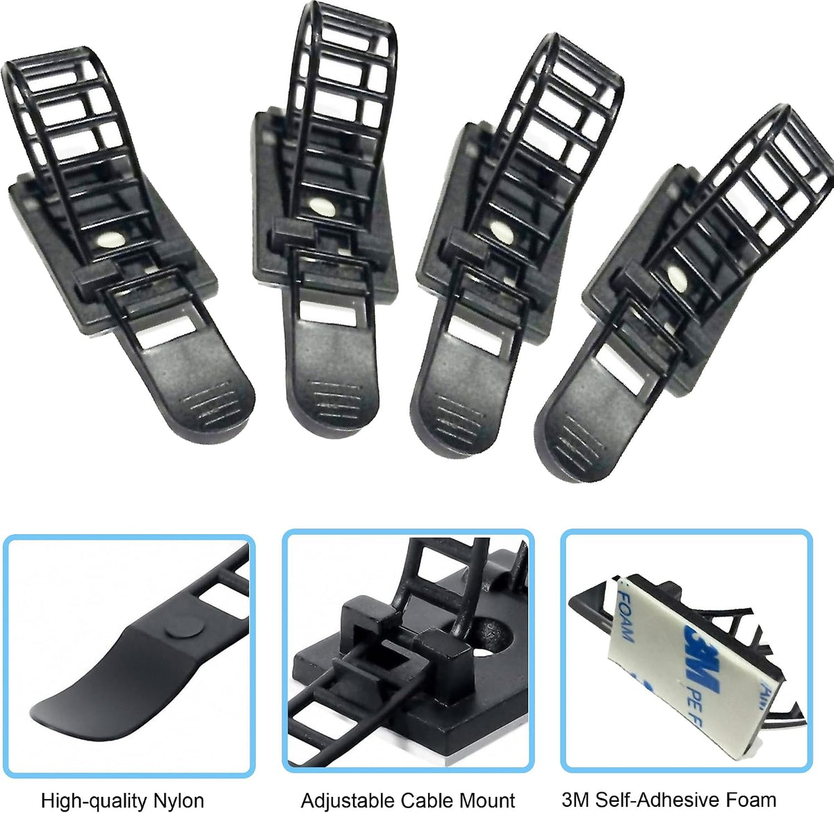 30 pcs Adhesive Cable Ties Adjustable Cable Mount. Self-adhesive Nylon Cord Clip Fastener, Cable Management Wire Organizer Fixture (Black)