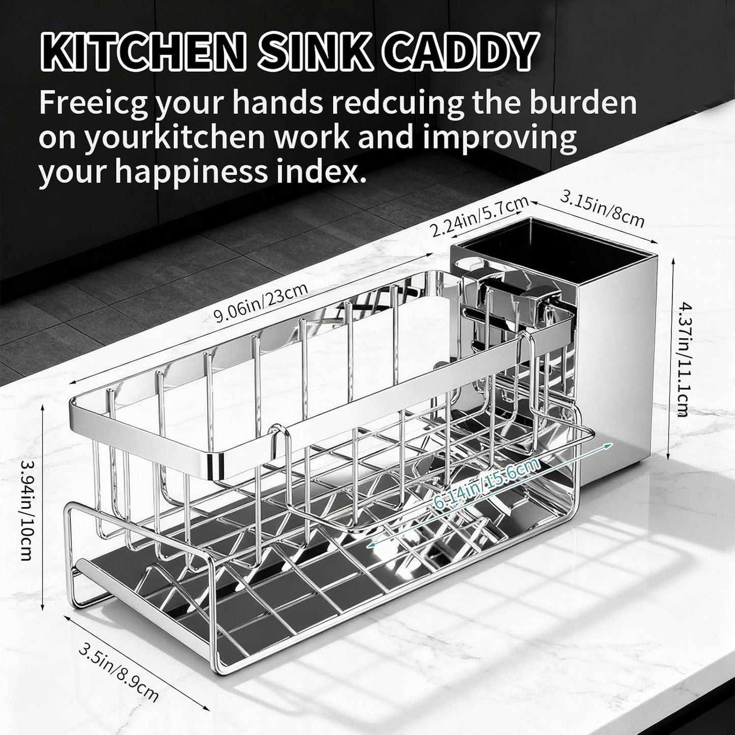 HoMaNa Sponge Holder for Kitchen Sink, Stainless Steel Sink Caddy Organizer, 30° Tilt Self-Drainage, Sponge Holder with Dish Brush Holder, Removable Dishcloth Rack for Kitchen Storage Box, Silver
