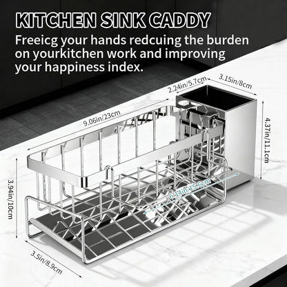 HoMaNa Sponge Holder for Kitchen Sink, Stainless Steel Sink Caddy Organizer, 30° Tilt Self-Drainage, Sponge Holder with Dish Brush Holder, Removable Dishcloth Rack for Kitchen Storage Box, Silver