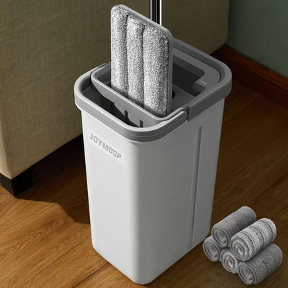 JOYMOOP Mop and Bucket Set, Flat Mops for Floor & Wall Cleaning, Commercial & Household Use, Hardwood Floor Mop with Long Handle & 4 Microfiber Pads
