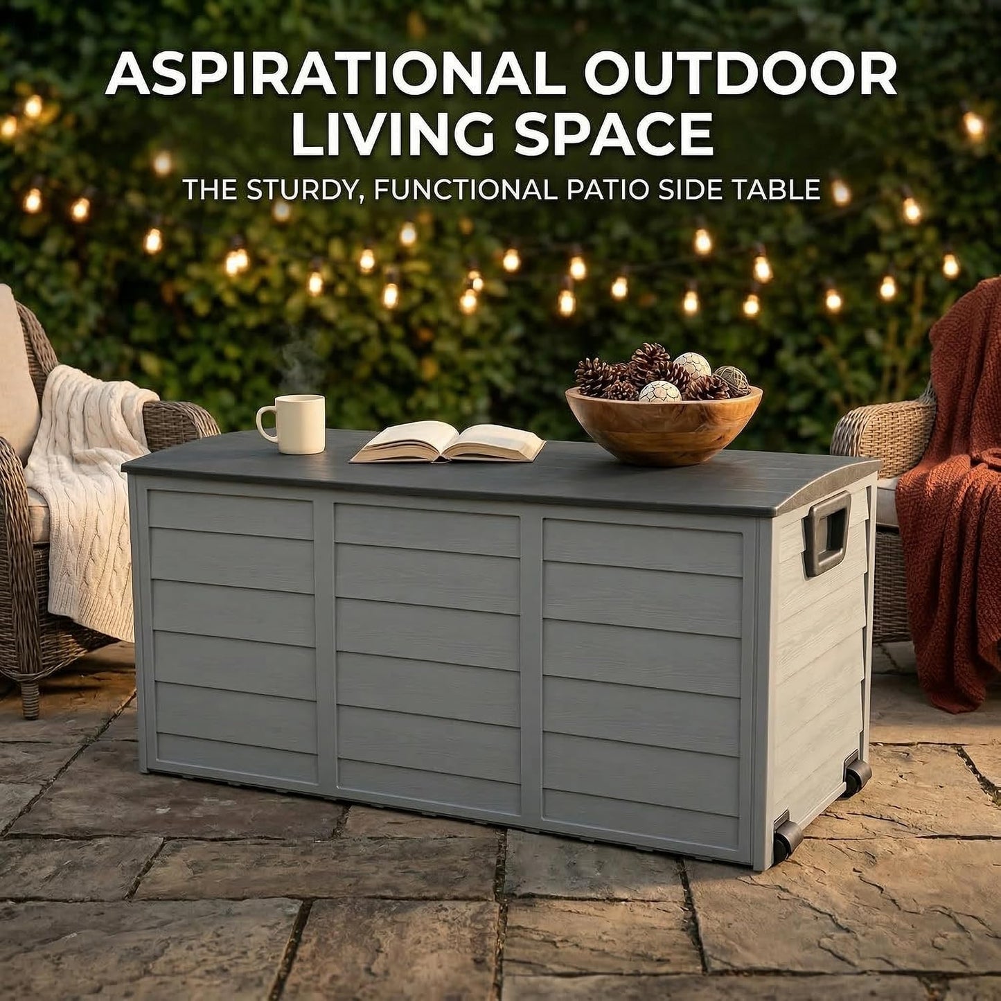 75 Gallon Outdoor Storage Box, 260L Waterproof Resin Deck Box for Patio Furniture Cushions, Garden Tools and Yard Accessories, Lockable Storage Chest with Wheels and Handles (Brown)