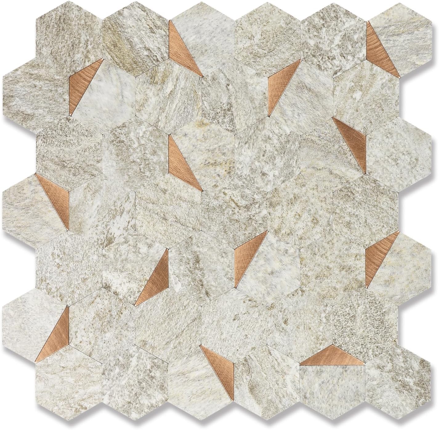 10-Sheet Heavy-Duty Hexagon Peel and Stick Backsplash, Thick Waterproof &Heat Resistant Stick on Wall Tiles, Slate Beige Mosaic for Kitchen & Bathroom, Strong Adhesive Permanent PVC Tiles