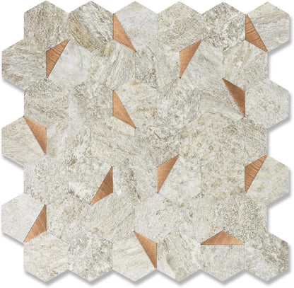 10-Sheet Heavy-Duty Hexagon Peel and Stick Backsplash, Thick Waterproof &Heat Resistant Stick on Wall Tiles, Slate Beige Mosaic for Kitchen & Bathroom, Strong Adhesive Permanent PVC Tiles