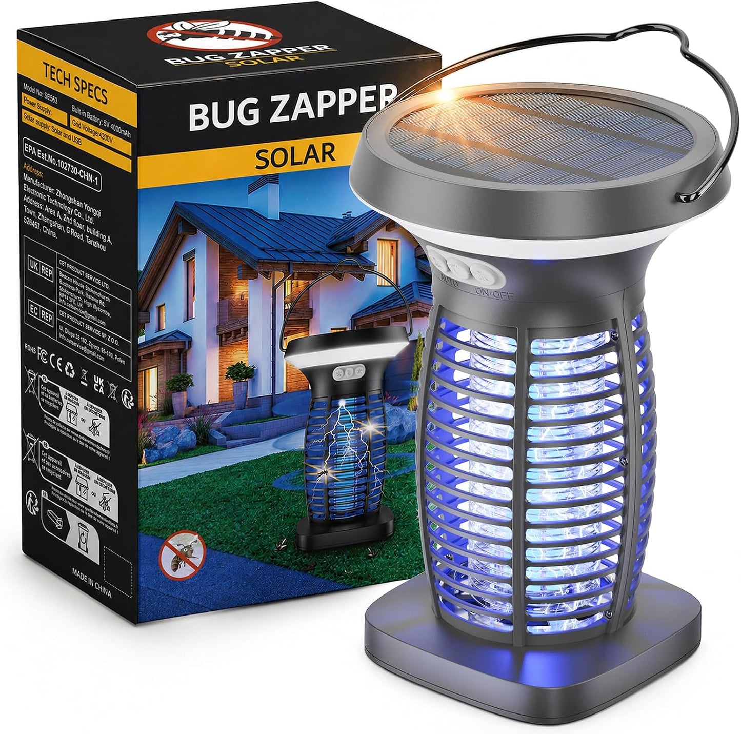 OnBeam Solar Bug Zapper Outdoor, 4200V Electric Mosquito Killer for Patio | Solar & USB-C Charging, IPX5 Waterproof, Auto Mode, SOS Light, Indoor Fly Trap for Home, Backyard, Garden, Camping