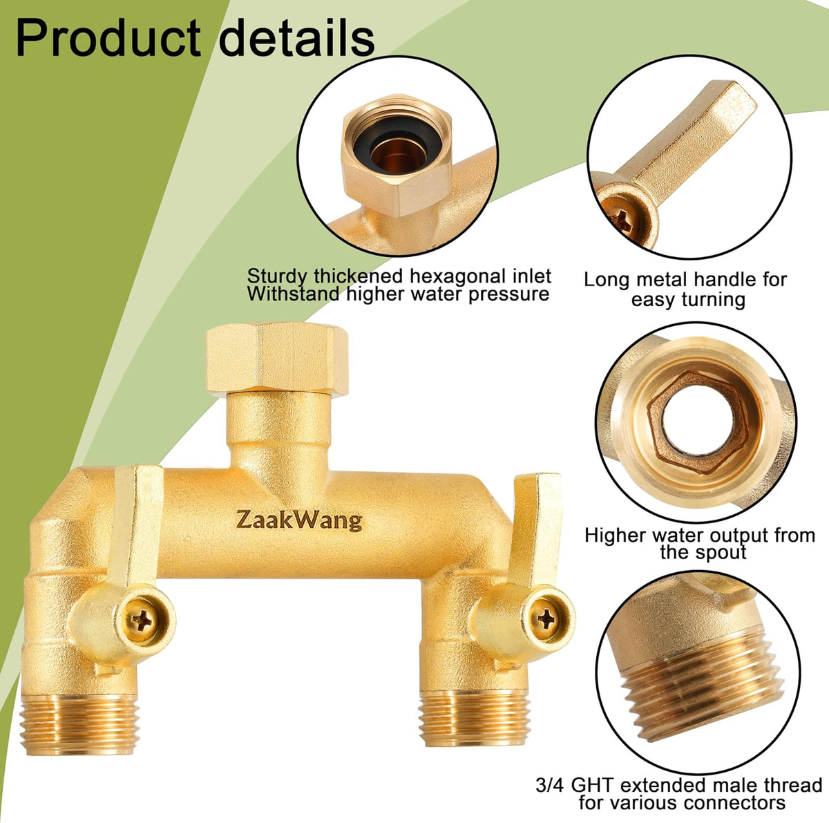 Heavy Duty Brass 2-Way Garden Hose Splitter, 3/4" GHT Threads, Metal Shutoff Valve, Long Handle