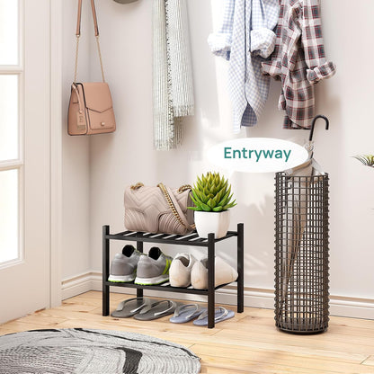 viewcare 3-Tier Black Bamboo Shoe Rack for Entryway, Stackable | Foldable | Natural, Shoe Shelf Storage Organizer for Hallway Closet, Free Standing Shoe Racks for Indoor Outdoor