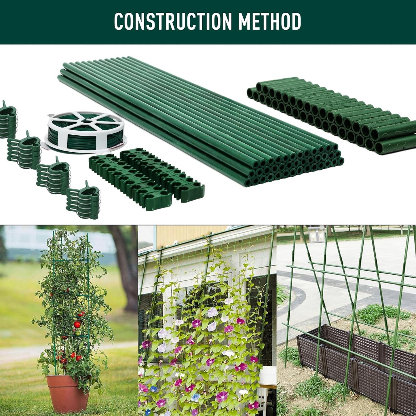 MAXPACE 62pcs Garden Stakes Kit: Includes 20 Sets of Fiberglass Plant Sticks Supports & Accessories for DIY 4ft, 5ft, 6ft, 7ft Stakes for Tomato, Vegetables, Indoor & Outdoor Gardening Supplies