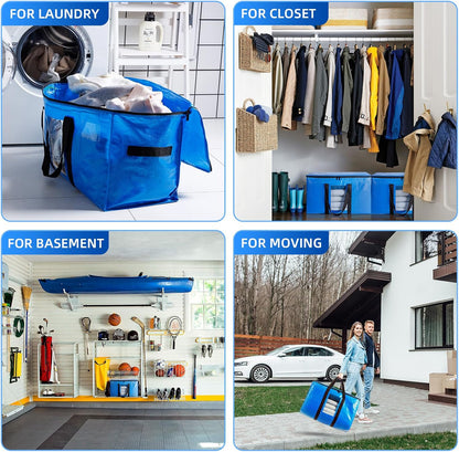 TAILI Extra Large Moving Bags, 4 Pack Blue Heavy Duty Totes For Storage with Visible Window, Wrap Around Handles, Storage Bags for Space Saving, Alternative to Moving Boxes