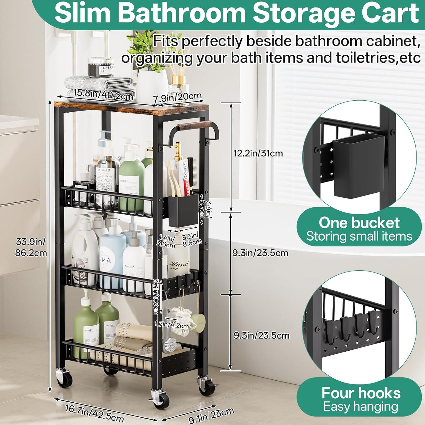 DTUQYX Slim Bathroom Storage Cart, 4 Tier Small Rolling Organizer Cabinet with Wood Top Handle, Mobile Shelving Unit Slide Out for Office, Kitchen, Laundry Room & Narrow Places (9.1" W Metal Basket)