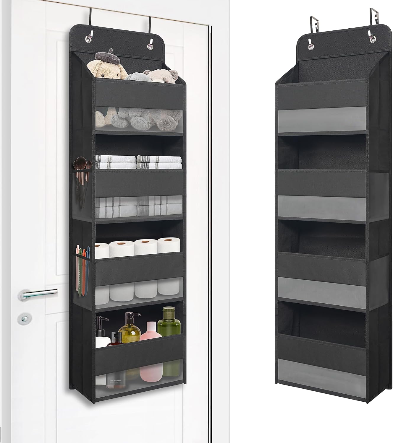 TYMENSH Black Over Door Organizer with 4 Large Clear Pockets, Compact Black Hanging Door Storage for Closet, Bathroom, Bedroom, Dorm, Nursery, Toys, Cosmetics, Baby Essentials