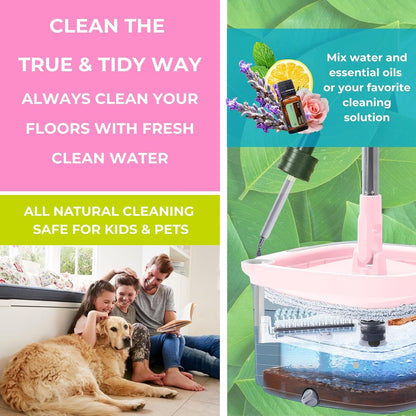 TRUE & TIDY Square Spin Mop & Bucket System – Dual Chamber for Clean & Dirty Water, 360° Rotating Self-Wringing Mop with Built-in Scrub Brush, Stainless Steel Handle & 2 Reusable Microfiber Mop Pads