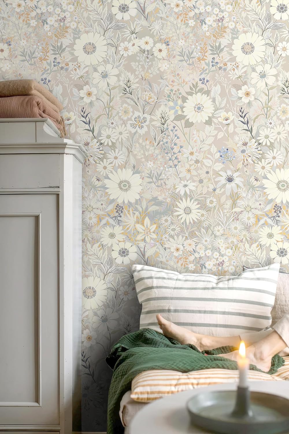 Wallpaper Peel and Stick Floral Wall Paper Removable Waterproof Gray/Yellow/Blue Contact Paper for Bedroom, Bathroom, Home Wall 17.3" x 118"