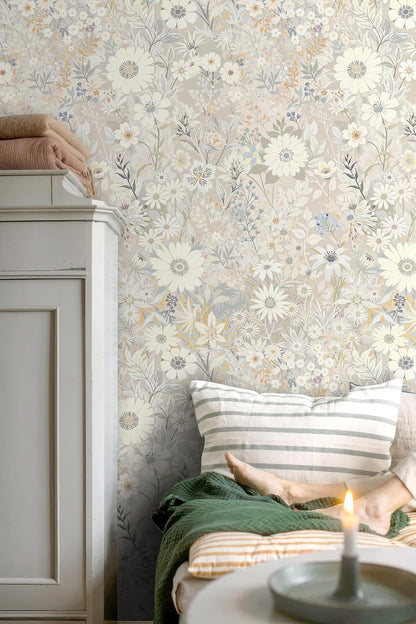 Wallpaper Peel and Stick Floral Wall Paper Removable Waterproof Gray/Yellow/Blue Contact Paper for Bedroom, Bathroom, Home Wall 17.3" x 118"