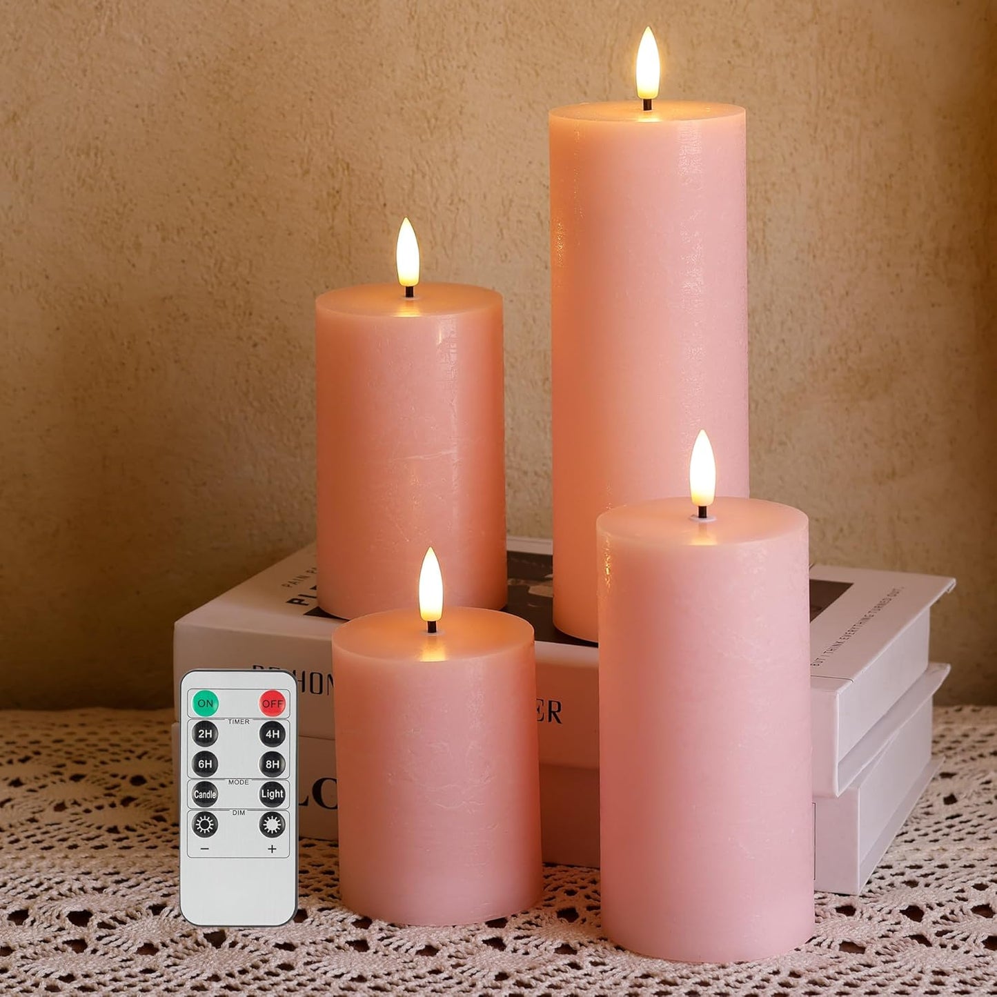 Flickering Flameless Candles, Real Wax Battery Operated Candles with Remote, Flat Top Led Flameless Pillar Candles for Home, Wedding, Party Decor, Set of 4, Φ 3" H 4" 5" 6" 8", Ivory