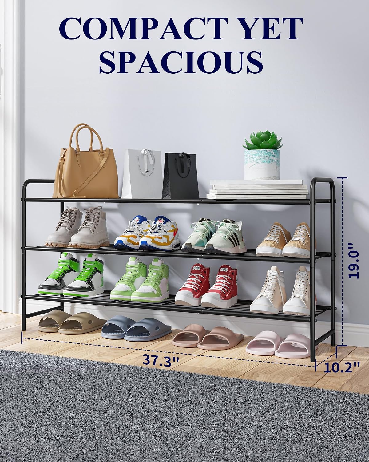 Kitsure Shoe Rack - Stainless Steel Shoe Organizer, Sturdy Shoe Rack for Closet and Front Door Entrance, Free Standing Shoe Shelf, Closet Organizers and Storage, 25.6" Wide - 3 Tier, Black