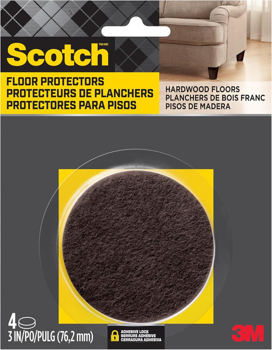 Scotch Felt Furniture Pads 4 PCS Furniture Pads for Hardwood Floors, Round, Brown 3" Diameter