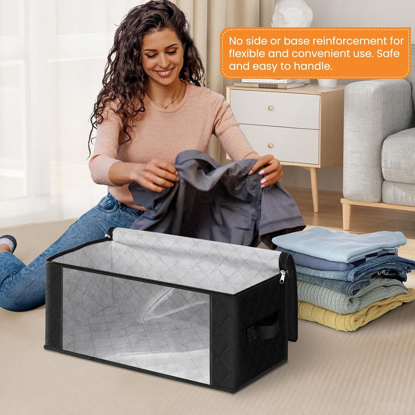 Fab totes 6 Pack Storage Bags for Clothes and Blanket, Foldable Closet Organizers and Storage with Zippers, Clear Window and Handles, Fabric Storage Bins for Sweater, Comforter, Bedding,Linen Sheets