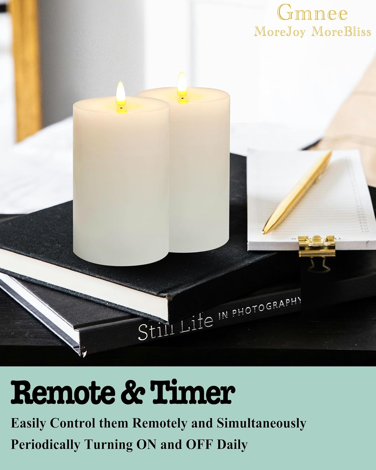 Gmnee 3"x4" Flickering Flameless Candles with Remote Timer, 3" Diameter White Pillar, Real Wax, Set of 2 Large Battery Operated LED Candles for Table and Fireplace Decor (H 4")