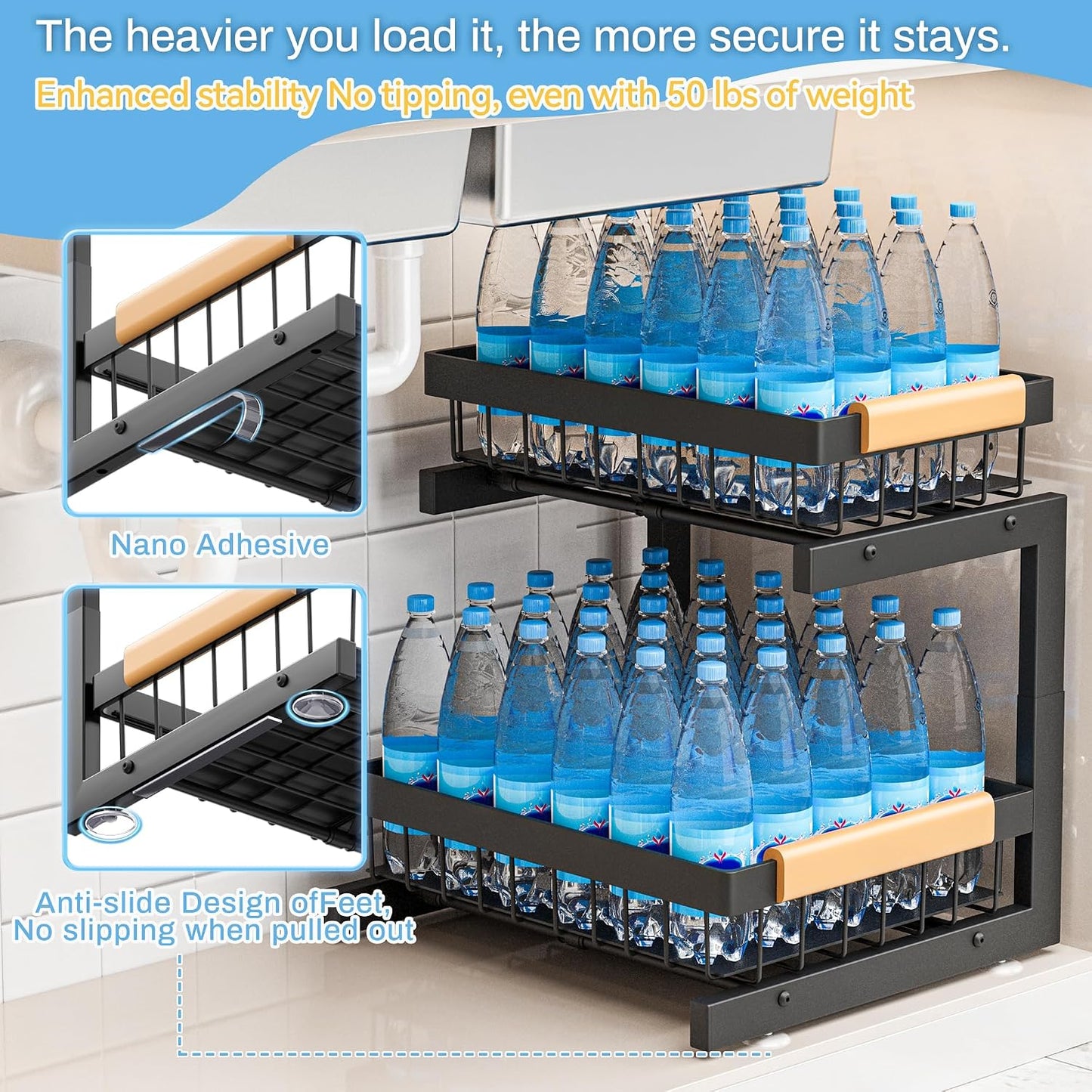 ADBIU Under Sink Organizer 2 Pack, Adjustable Height (11"-15.75") Under Cabinet Storage, 2 Tier Pull Out Sliding Drawers for Kitchen Bathroom, Heavy Duty Metal Shelf, White