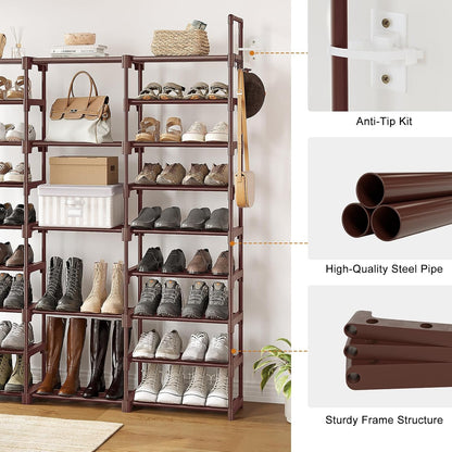 WOWLIVE 9 Tiers Large Shoe Rack Storage Organizer for Closet 50-55 Pairs Shoe Tower Unit Shelf Stackable Shoe Rack with Metal Pipes Plastic Connectors Black(SSS3B9)