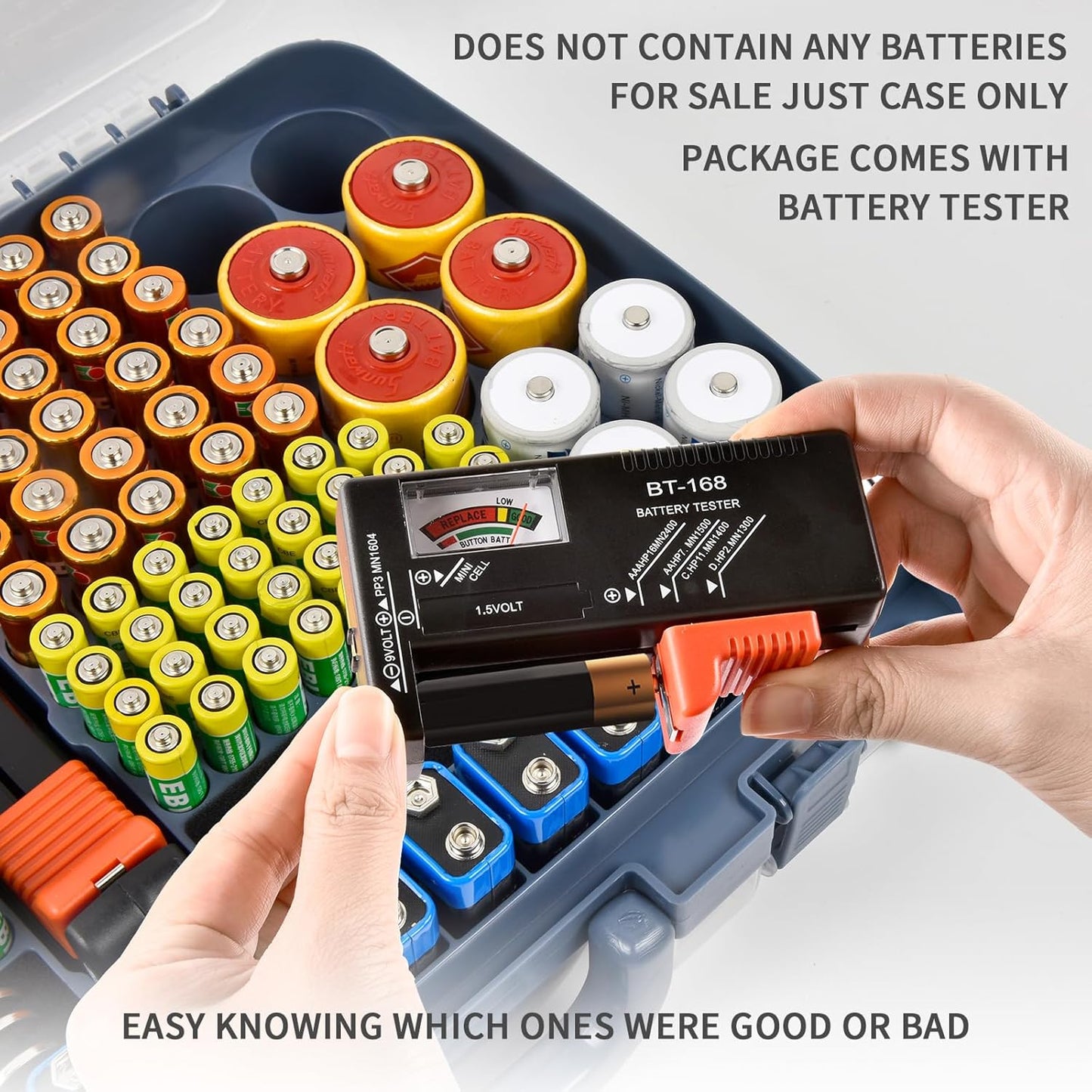 Battery Organizer Storage Case with Tester for 269 Batteries, Double Sides | Plastic, For AA AAA 4A C D Cell 9V 3V LR44 CR2 CR123 CR1632 18650 Button, Wall/Drawer, For Families/DIY/Home/Garage, Grey