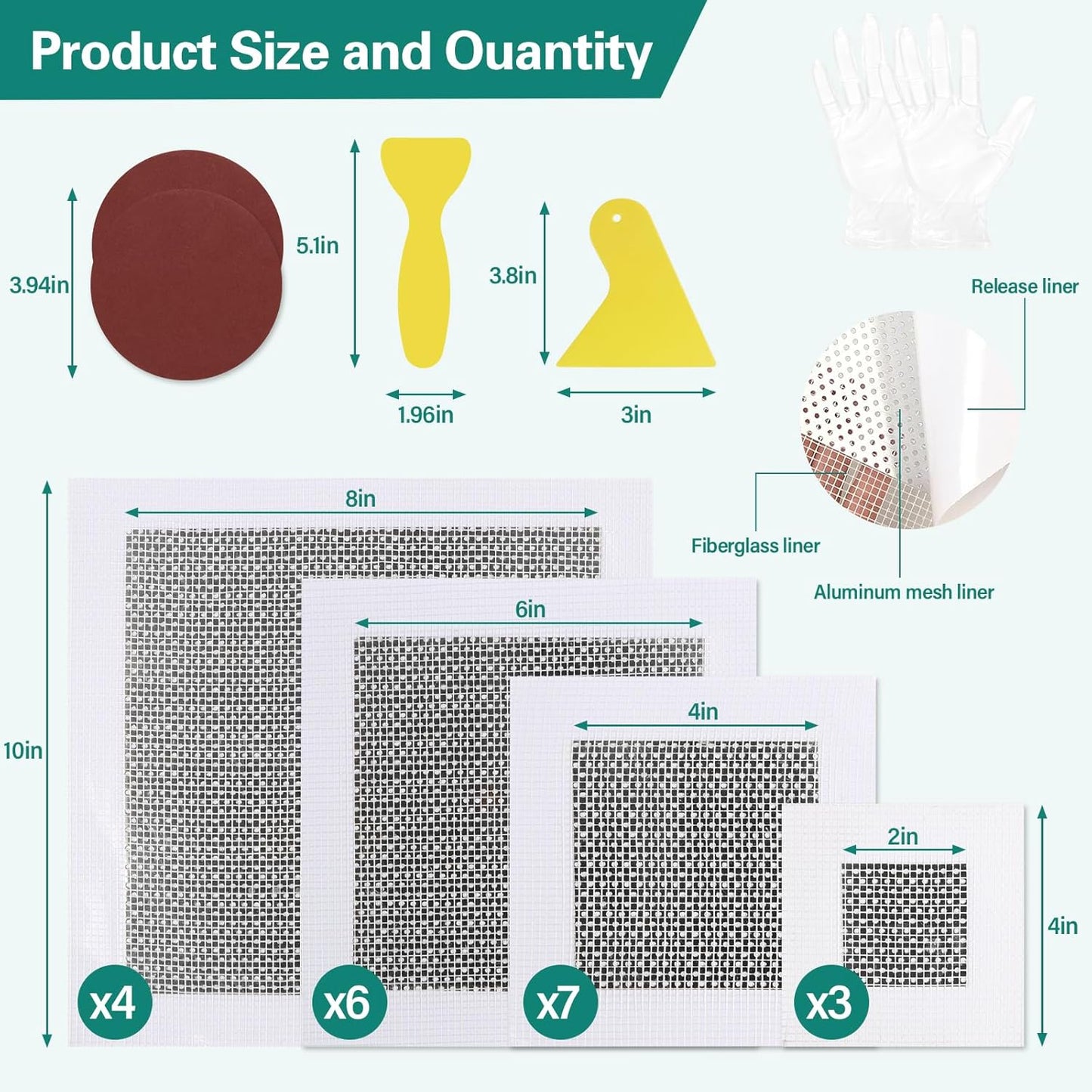 25 Pcs Drywall Repair Kit - 4/6/8/10 Inch Wall Patch Repair Kit for Large Holes, Dry Wall Patch Kits with Scraper Sandpapers Gloves, Quick Fix for Ceiling Bathroom Wall Damage