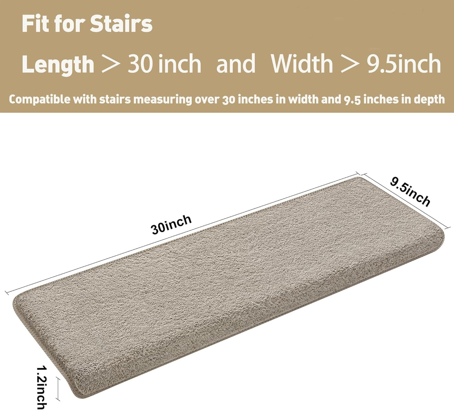 PURE ERA Carpet Stair Treads Ultra Plush 9.5" X 30"Soft Bullnose Indoor Stair Protectors Pet-Friendly Non-Slip Skid Resistant Tape Free Washable Reusable(2 Pieces,Brown)