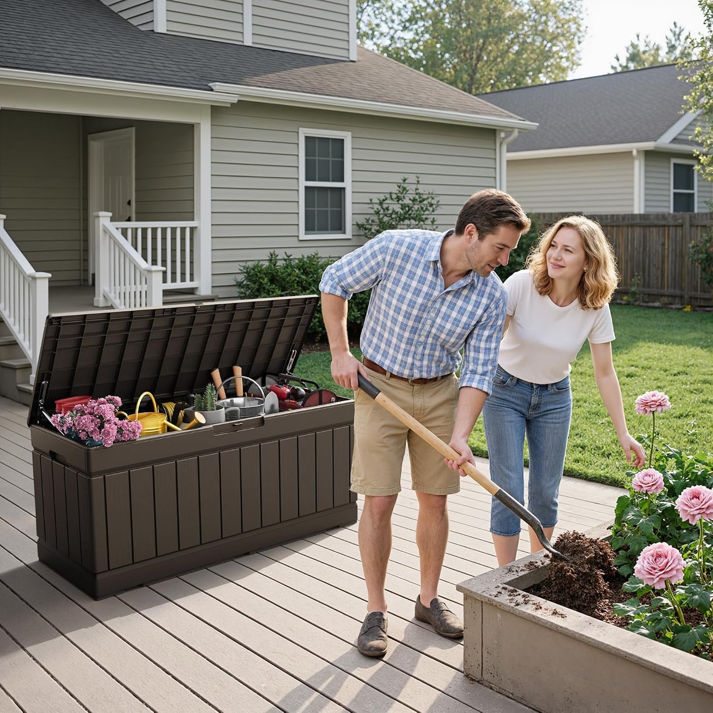 Flamaker Outdoor Storage Box 80 Gallon Resin Waterproof Deck Box Delivery Box with Wood Texture Large Storage Bin for Patio Cushions, (Grey)