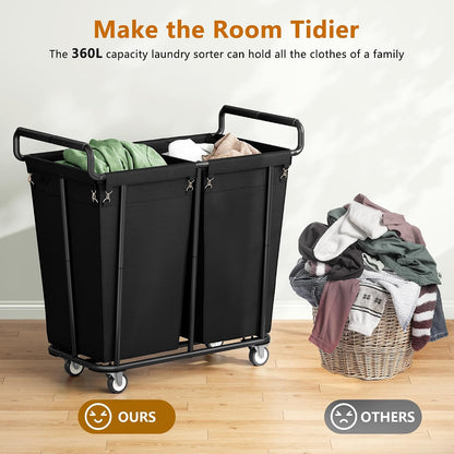Gewudraw Large laundry hamper with Wheels, 3 Bag Big Rolling Laundry Hamper Sorter Cart, Extra Large Laundry Clothes Hamper, Heavy Duty Laundry Basket Organizer for Laundry Room,Bathroom,Black