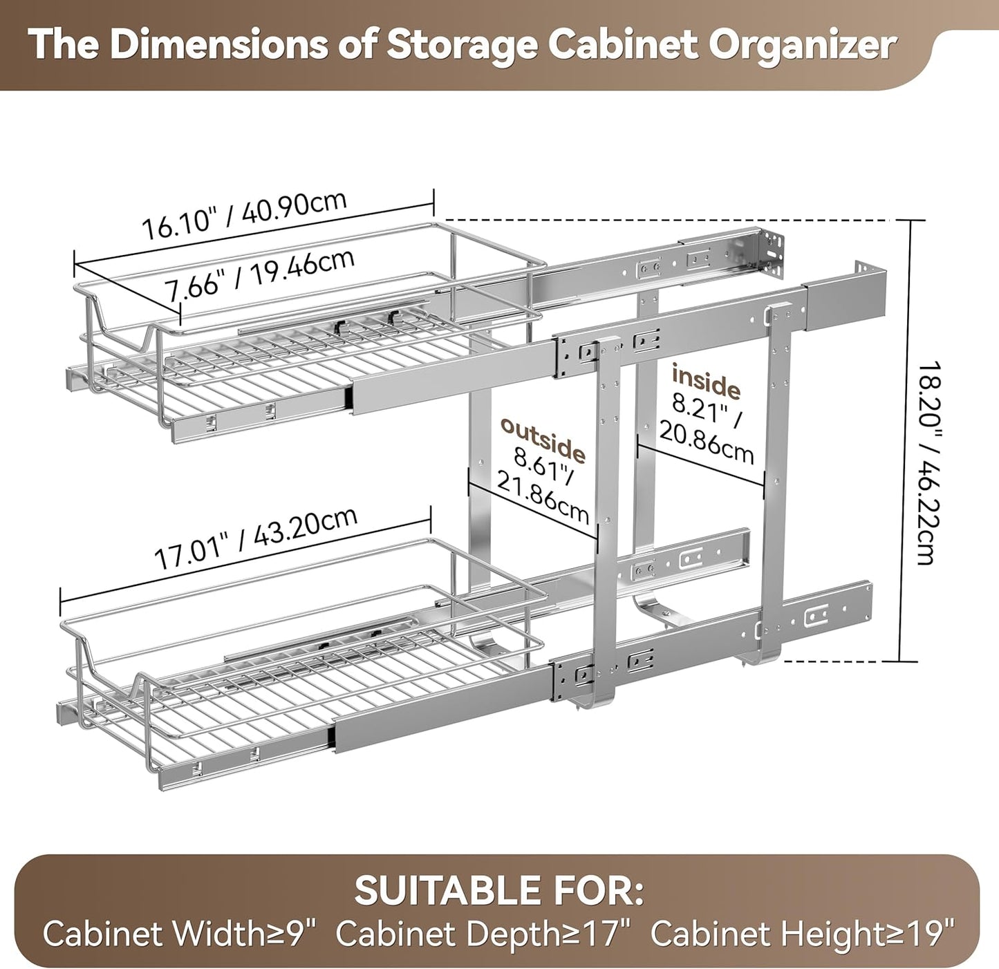 2 Tier Pull Out Cabinet Organizer 11" W X 22" D, Slide Out Drawers For Kitchen Cabinets, Pull Out Drawers For Cabinets Capacity Heavy Duty Caddy, Cabinet Pullout Shelves Chrome-Plated, Bathroom Pantry