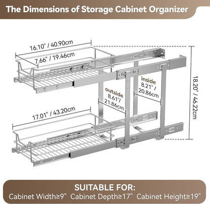 2 Tier Pull Out Cabinet Organizer 11" W X 22" D, Slide Out Drawers For Kitchen Cabinets, Pull Out Drawers For Cabinets Capacity Heavy Duty Caddy, Cabinet Pullout Shelves Chrome-Plated, Bathroom Pantry