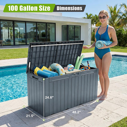 Flamaker Resin Deck Box 120 Gallon Waterproof Large Outdoor Indoor Storage Box Imitation Wood Resin for Patio Furniture Garden Tools and Pool (Black)