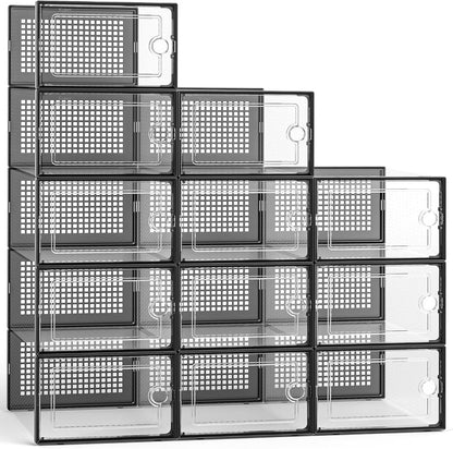 Kuject 12 Pack Large Shoe Boxes, Clear Stackable Containers with Lids,Black | Shoe organizers for closet & entryway, under-bed,Drop-front design fits women's size 10