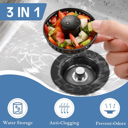 Sink Drain Strainer 3 in 1, 304 Stainless Steel Pop Up Kitchen Sink Stopper with Anti-Clogging Basket, Kitchen Essential Drain Anti-Clog Gadgets, Fits US Standard 3-1/2'' Sink Drain (SUS 304 Brushed)