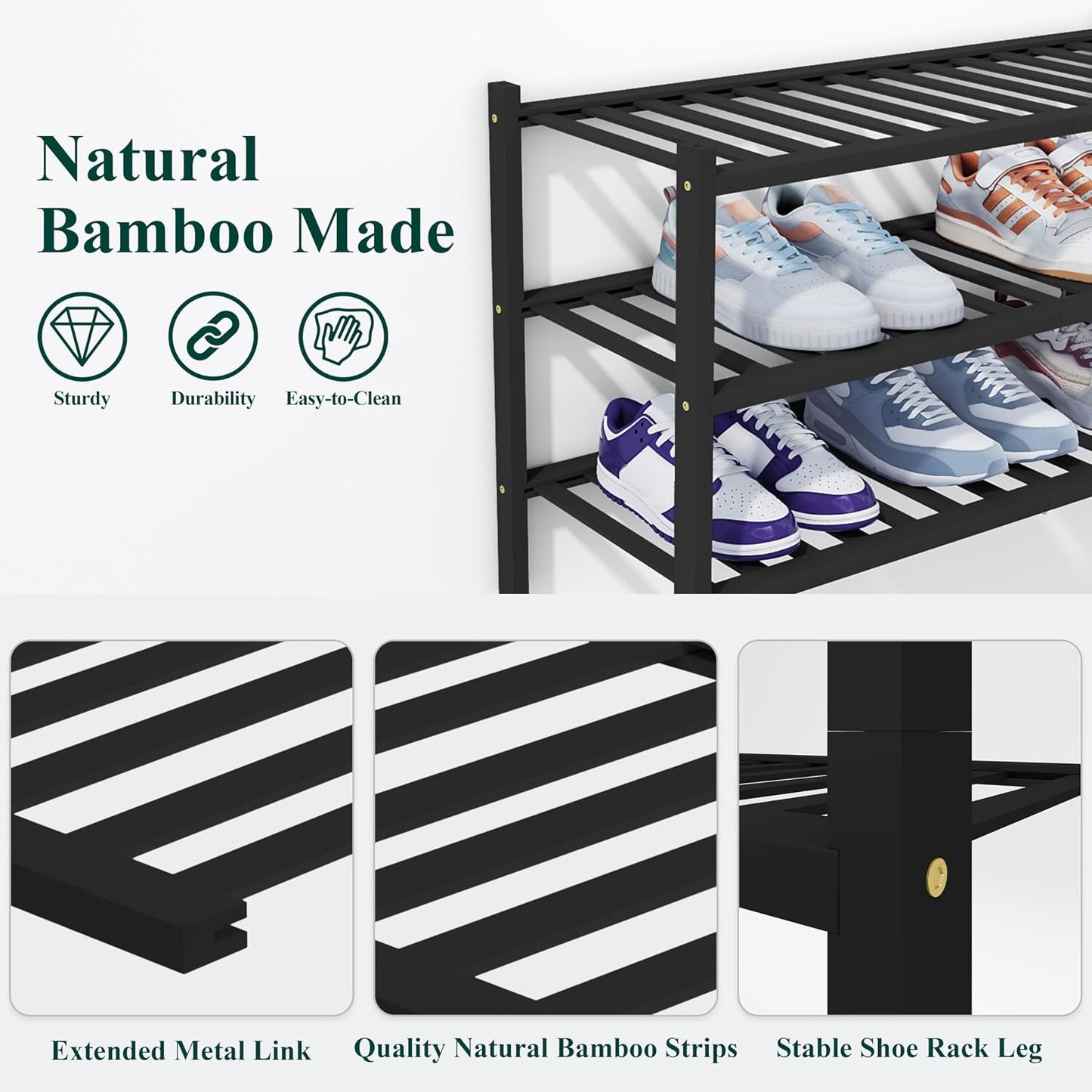 Smiry Bamboo Shoe Rack, 3 Tier Free Standing Wooden Shoe Organizer, Stackable Wood Shoe Storage Shelf for Closet, Entryway, 12 Vertical Slats, 2+1 Stack Standard Legs, 26.8"x11"x19.5", Natural