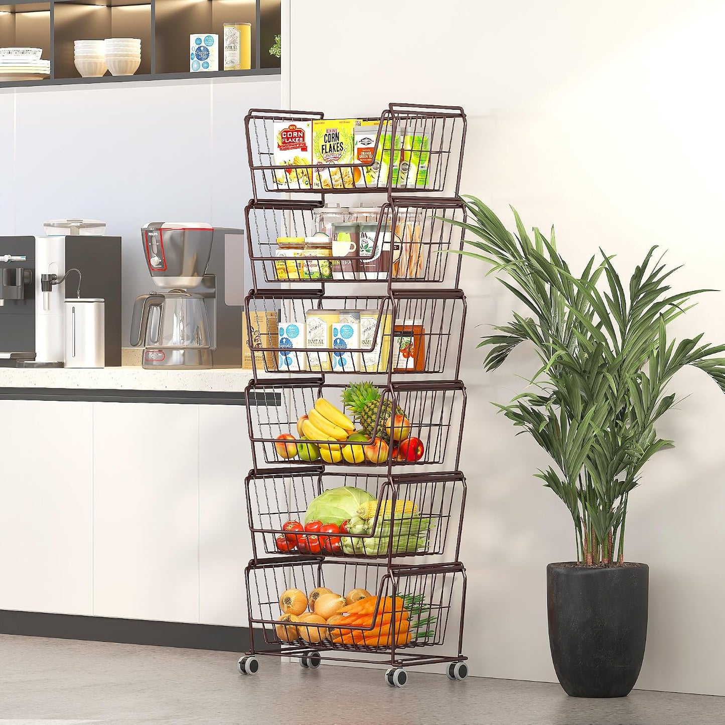 PUSDON 6-Tier Tall Stackable Wire Storage Baskets with Wheels, Vertical Metal Rolling Utility Cart, High Capacity Produce Basket for Kitchen Pantry, Snack Organizer, Matte Black