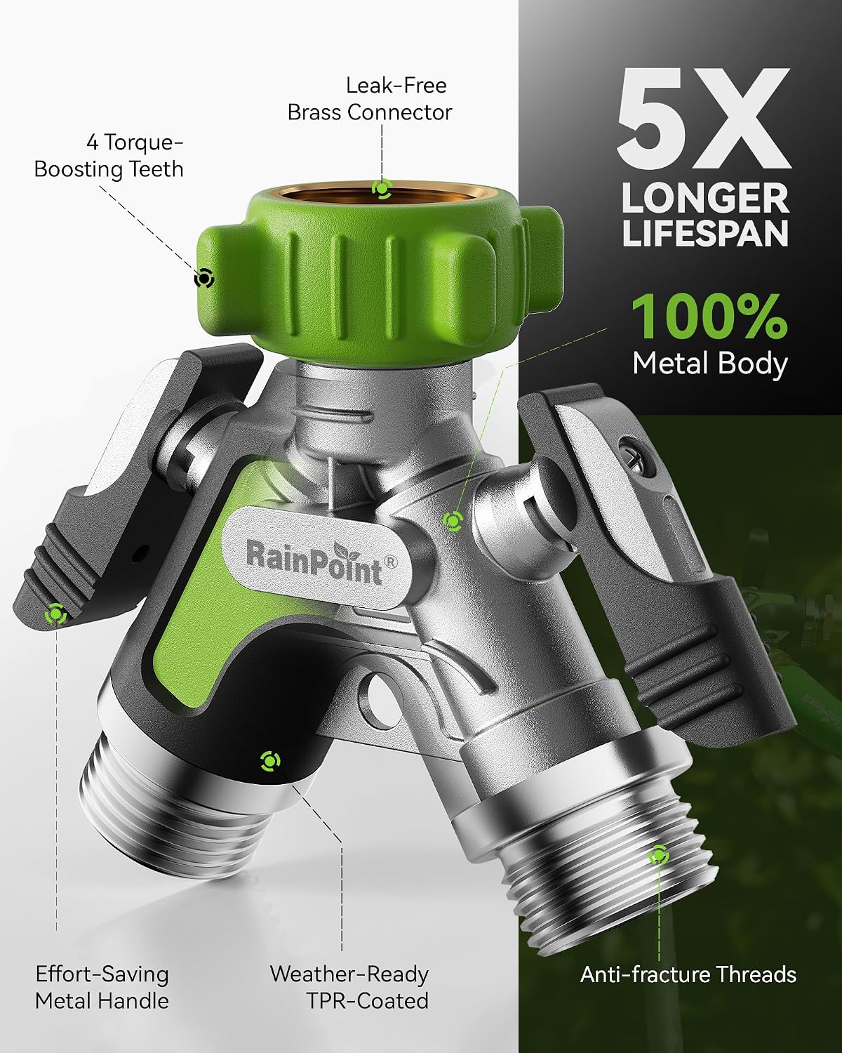 RAINPOINT Garden Hose Splitter 2 Way, All Metal Heavy Duty Water Hose Y Splitter With 2.05" Extra Long Side Handle & Shut Off Valves, 3/4 Inch GHT Thread Connector For Outdoor Spigot Faucet (Green)
