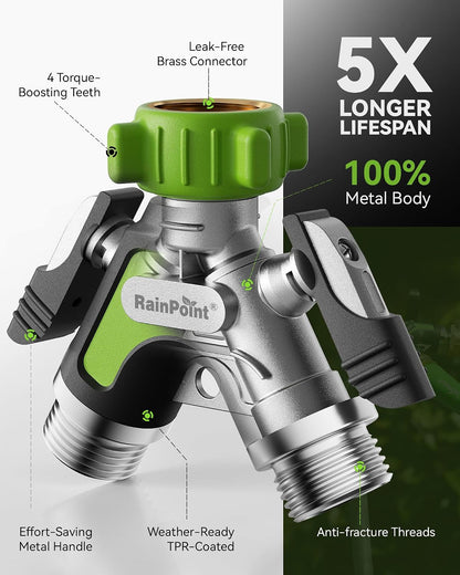 RAINPOINT Garden Hose Splitter 2 Way, All Metal Heavy Duty Water Hose Y Splitter With 2.05" Extra Long Side Handle & Shut Off Valves, 3/4 Inch GHT Thread Connector For Outdoor Spigot Faucet (Green)