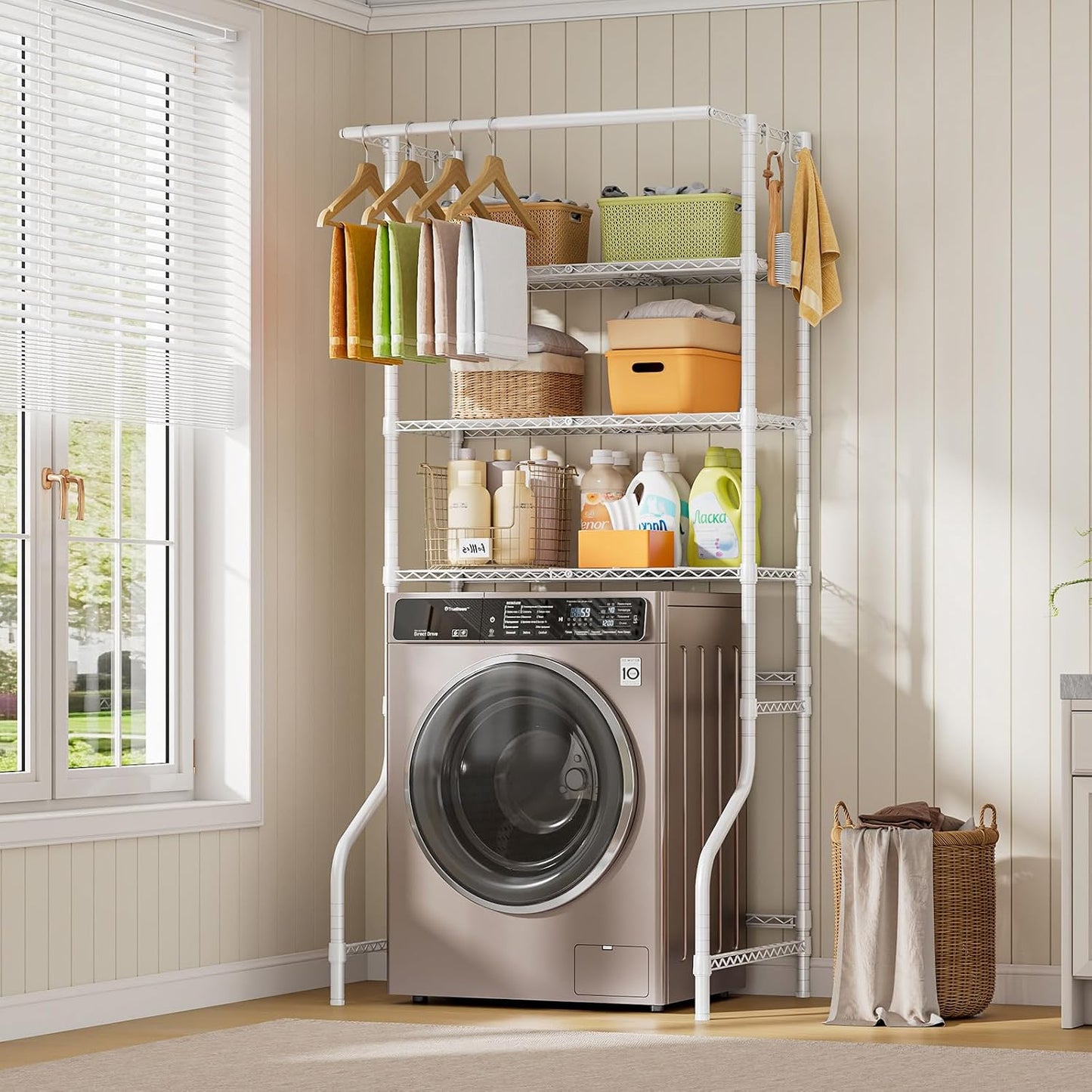 ONBRILL Expandable Over Washer and Dryer Shelves, 3 Tiers Laundry Room Organization and Storage with Hanger Rod, 4 Hooks, Adjustable Height Metal Freestanding Clothes Drying Rack, White