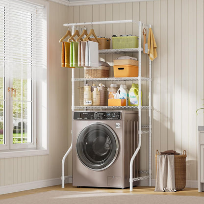 ONBRILL Expandable Over Washer and Dryer Shelves, 3 Tiers Laundry Room Organization and Storage with Hanger Rod, 4 Hooks, Adjustable Height Metal Freestanding Clothes Drying Rack, White