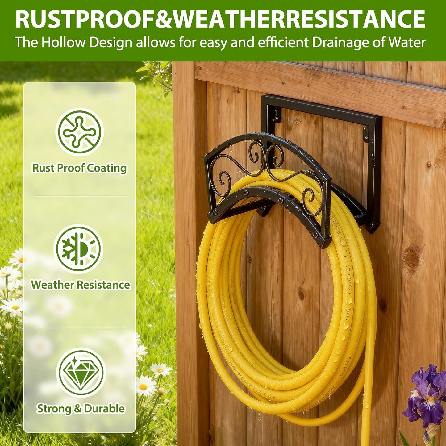 BOLITE Garden Hose Holder Wall Mount, Heavy Duty Metal Water Hose Holder with Basket for Outside, Hose Storage Holds 150FT Water Pipe for Yard, Lawn, Garden, Farm, Gifts for Women Men
