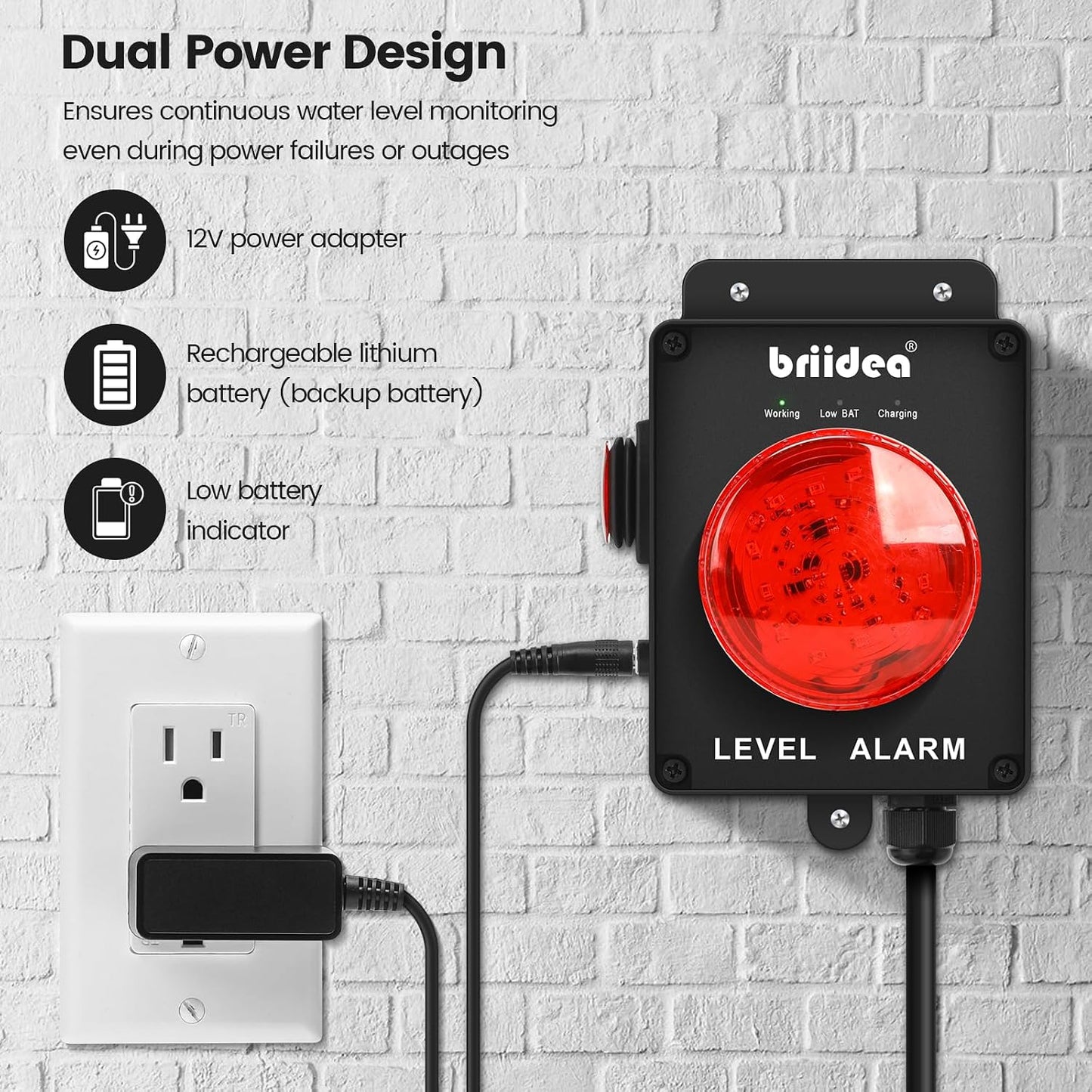Sump Pump Alarm, Briidea Indoor/Outdoor High Water Septic Tank Alarm with 110dB Loud Alarm and Large LED Indicator, 10ft Level Float Switch, Ideal for Septic Sump Pump Pond Water Tank