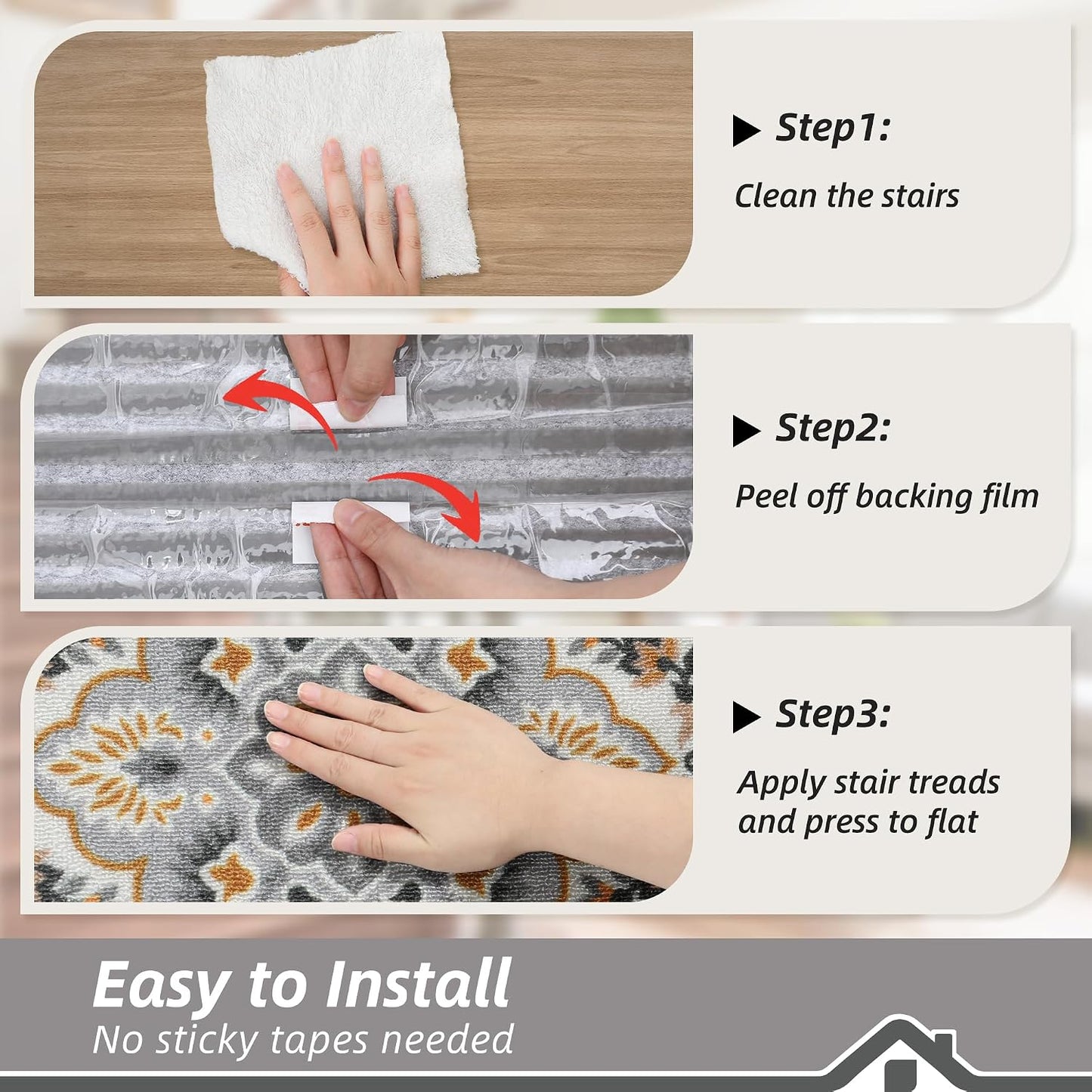 BEQHAUSE Stair Treads for Wooden Steps Non-Slip Machine Washable Carpet Stair Treads 8"X30" Soft Indoor Stair Runner for Kids Elders and Pets, 100% Polyester, TPE Backing, 15pcs, Grey/Orange