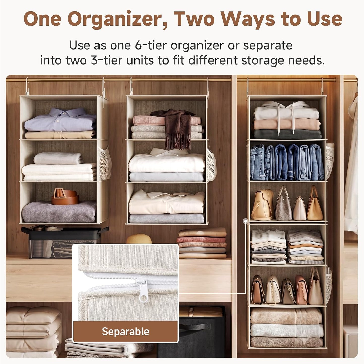 StorageWorks 6-Shelf Closet Organizers, Two 3-Shelf Separable Hanging Shelves for Closet, 12 1⁄2" D x 12 1⁄2" W x 47 ¼" H, Mixing of Beige, White & Ivory